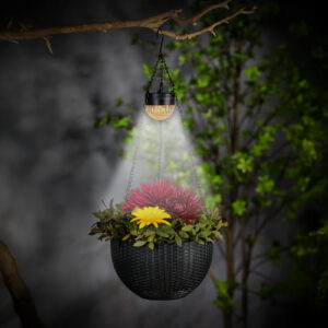 Felakasztható LED szolár - virág kaspó - fekete - műanyag - 26 x 16 cm