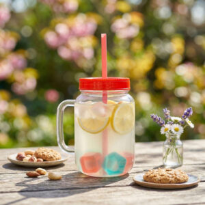 Szívószálas pohár - piros - 4 db hűthető jégkockával, 550ml, 17 x 7.5 x 13.5 cm