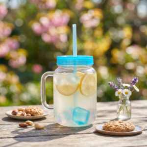 Szívószálas pohár - kék - 4 db hűthető jégkockával, 550ml, 17 x 7.5 x 13.5 cm