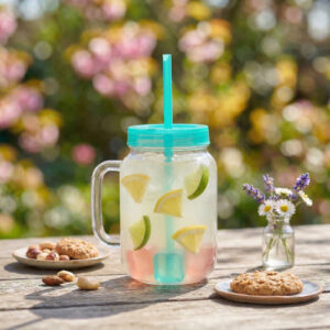Szívószálas pohár - zöld - 4 db hűthető jégkockával, 550ml, 17 x 7.5 x 13.5 cm