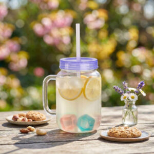 Szívószálas pohár - lila - 4 db hűthető jégkockával, 550ml, 17 x 7.5 x 13.5 cm